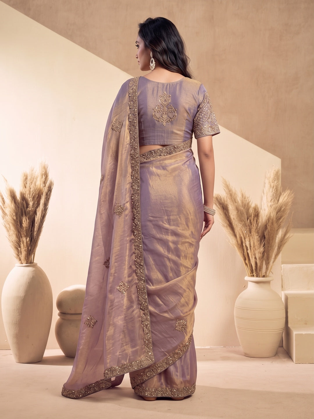 Peachmode Lavender Tissue Organza Silk Saree With Ready Blouse - Image 3