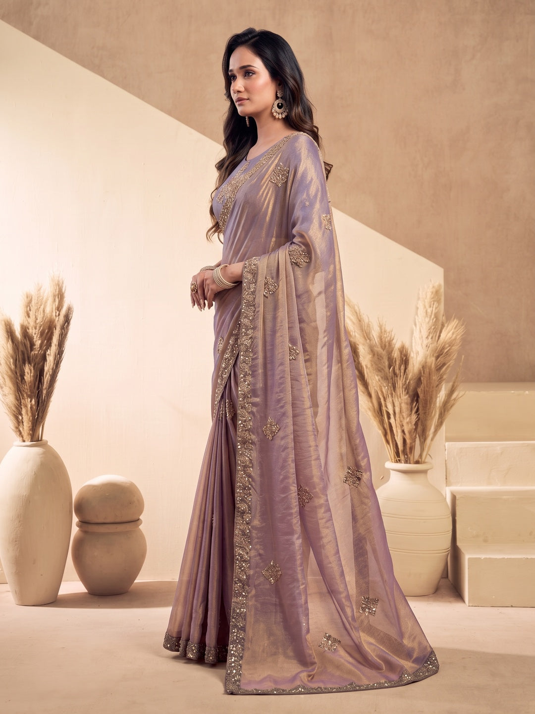 Peachmode Lavender Tissue Organza Silk Saree With Ready Blouse - Image 4