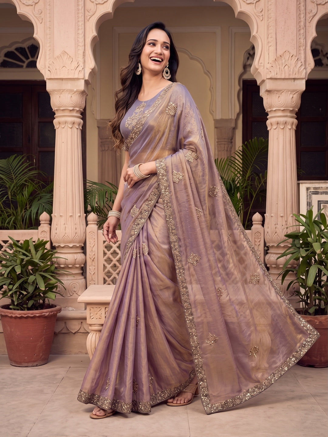 Peachmode Lavender Tissue Organza Silk Saree With Ready Blouse - Image 5