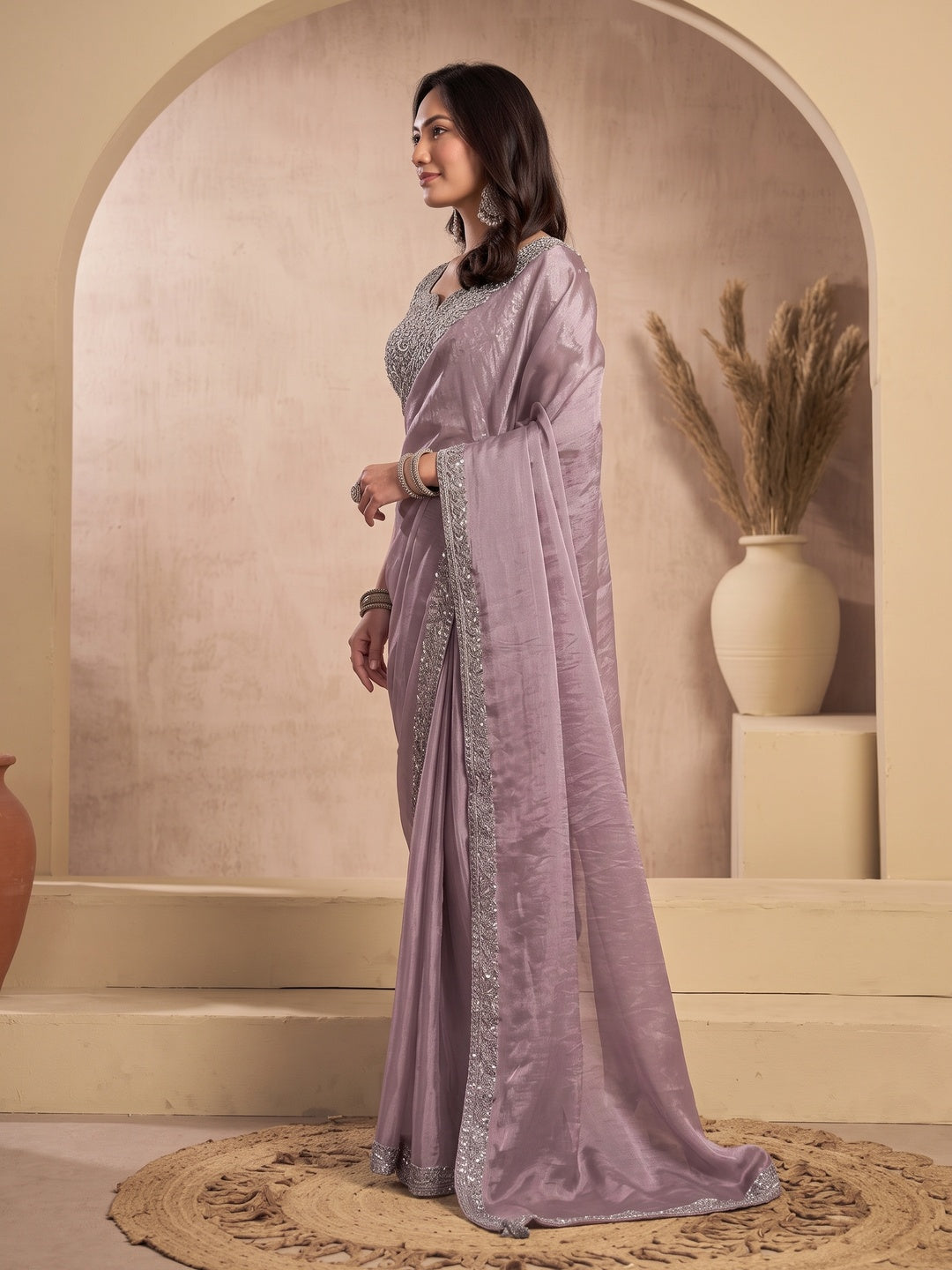 Peachmode Mauve Tissue Organza Silk Saree With Ready Blouse - Image 4