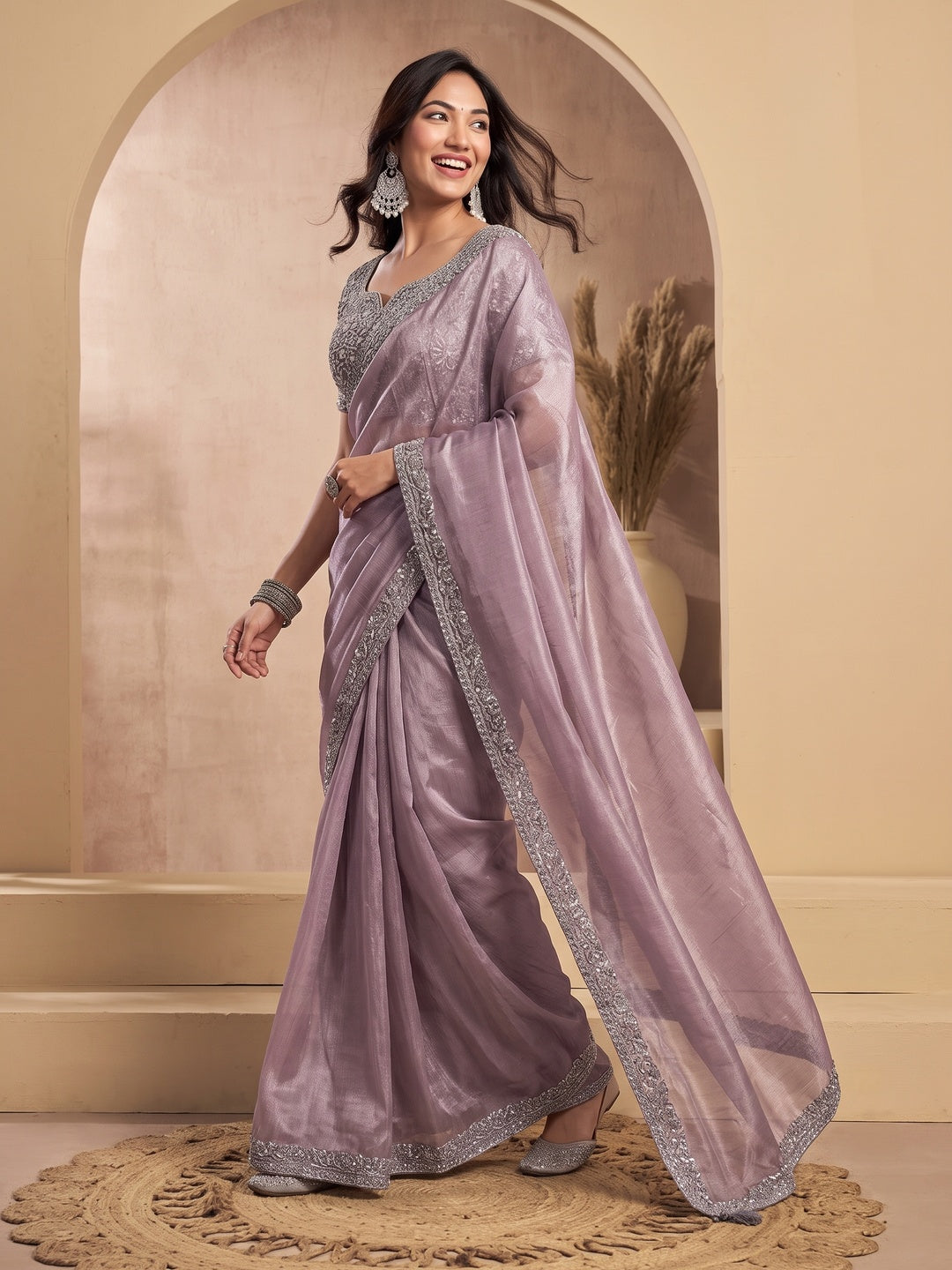 Peachmode Mauve Tissue Organza Silk Saree With Ready Blouse - Image 5
