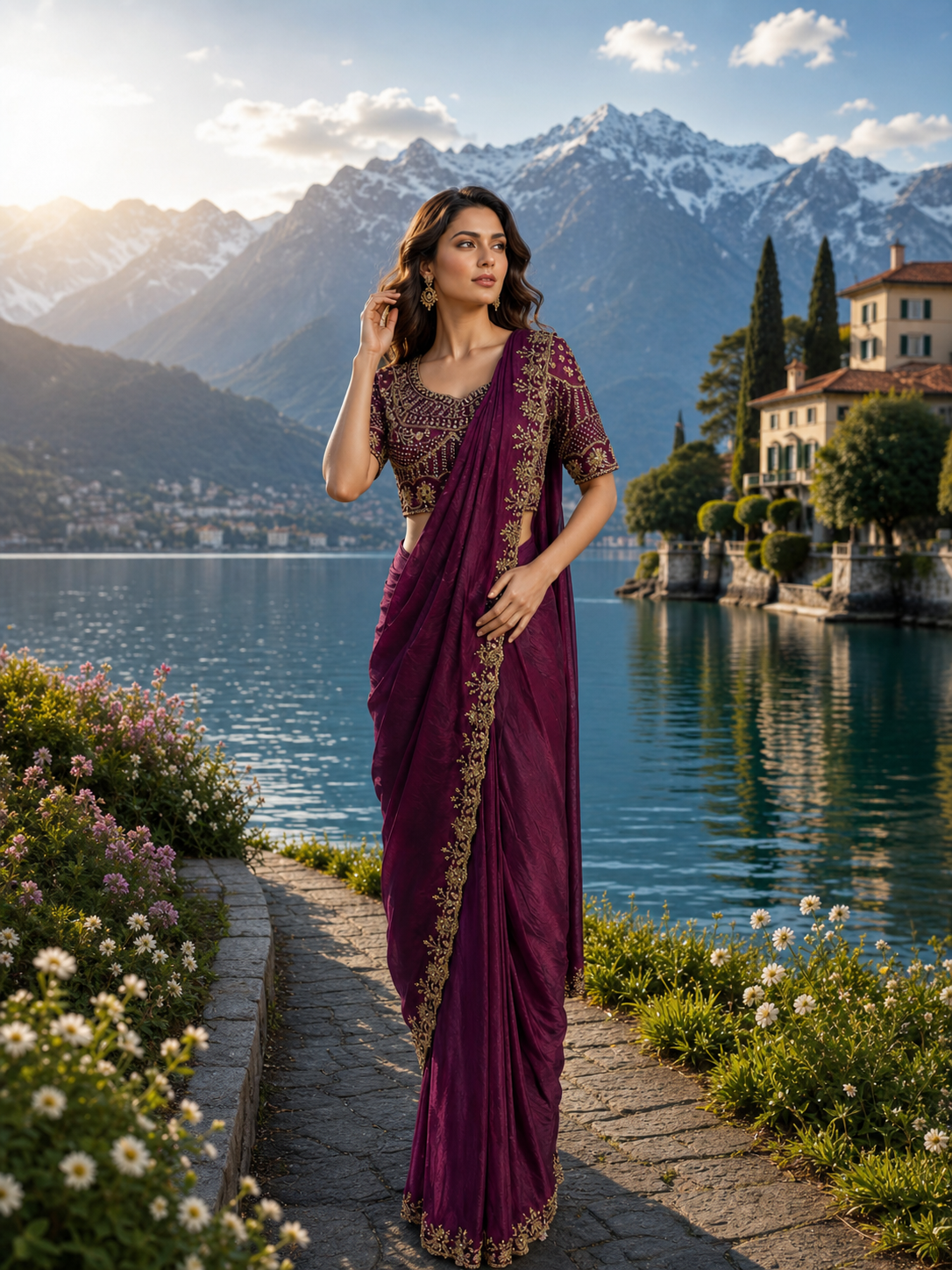 Peachmode Wine Fendi Satin Saree With Beads Work Ready Blouse - Image 1