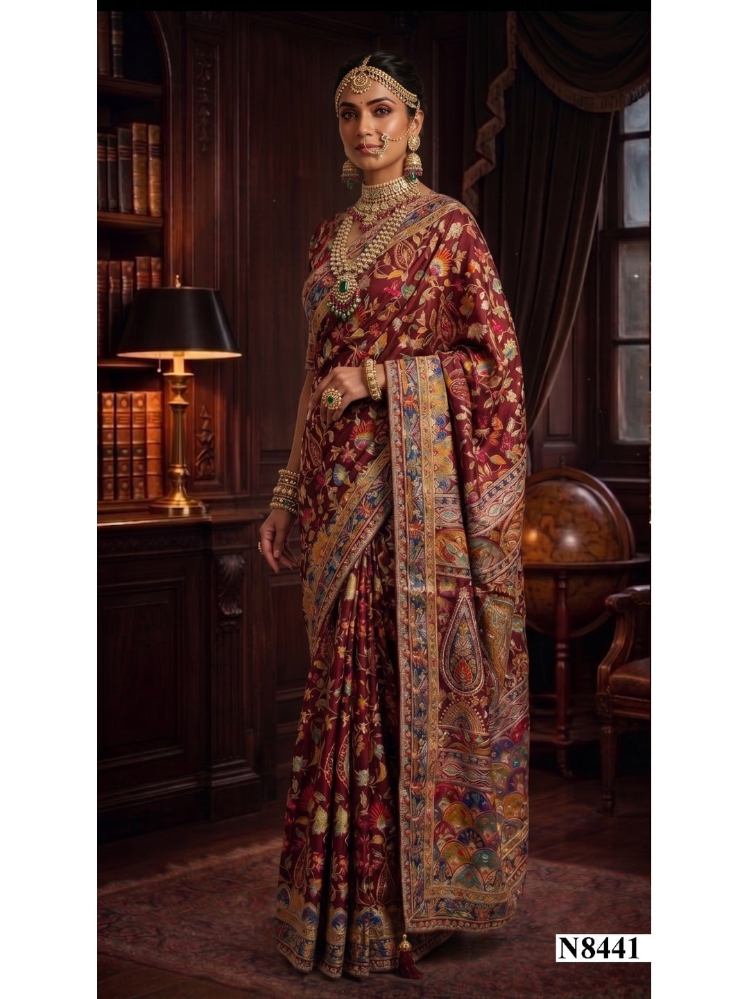 Peachmode Wine Multicolor Aari Work Pure Crepe Silk Saree - Image 2