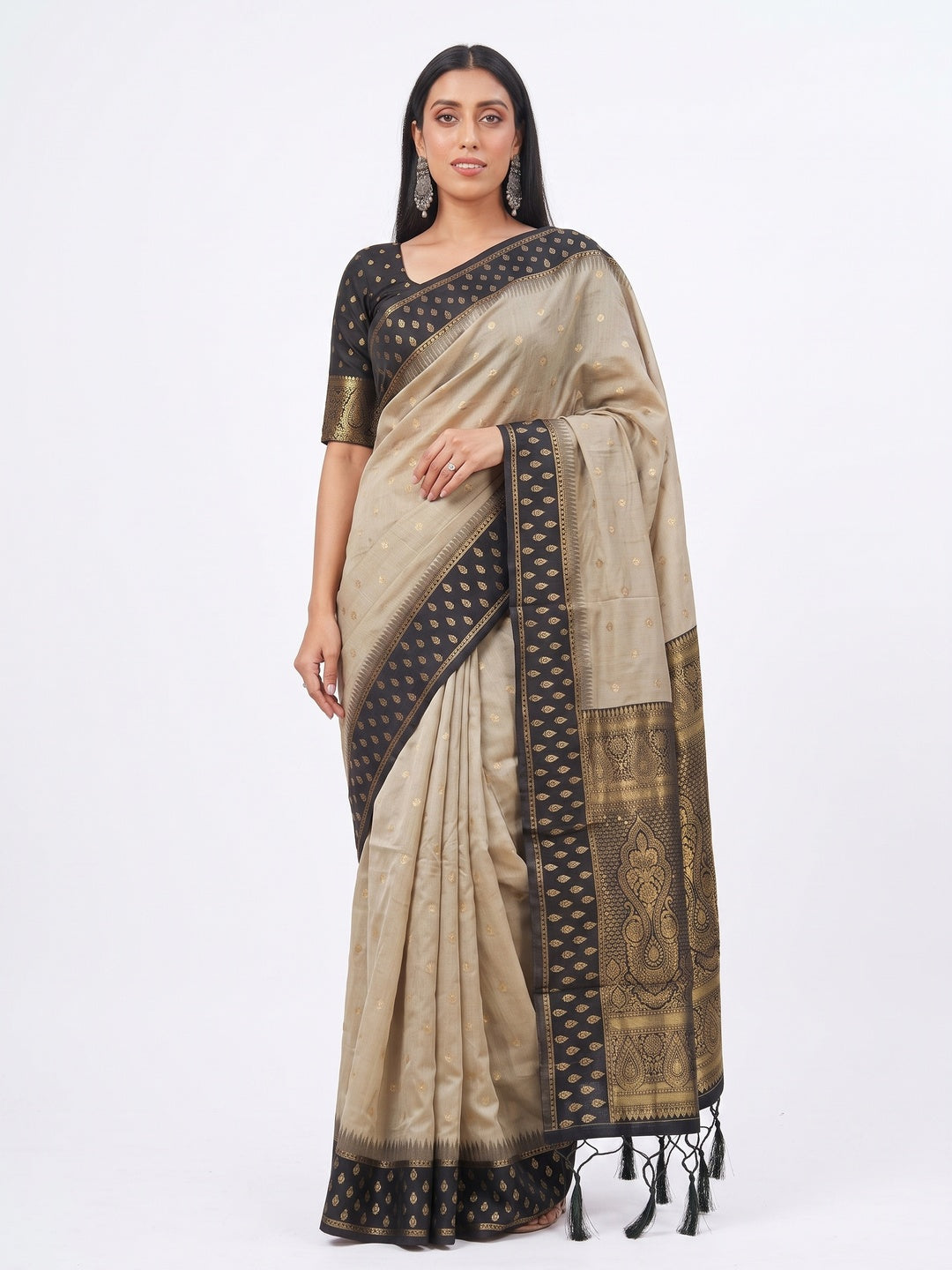 Peachmode Beige Black Woven Border Cotton Saree - Image 2