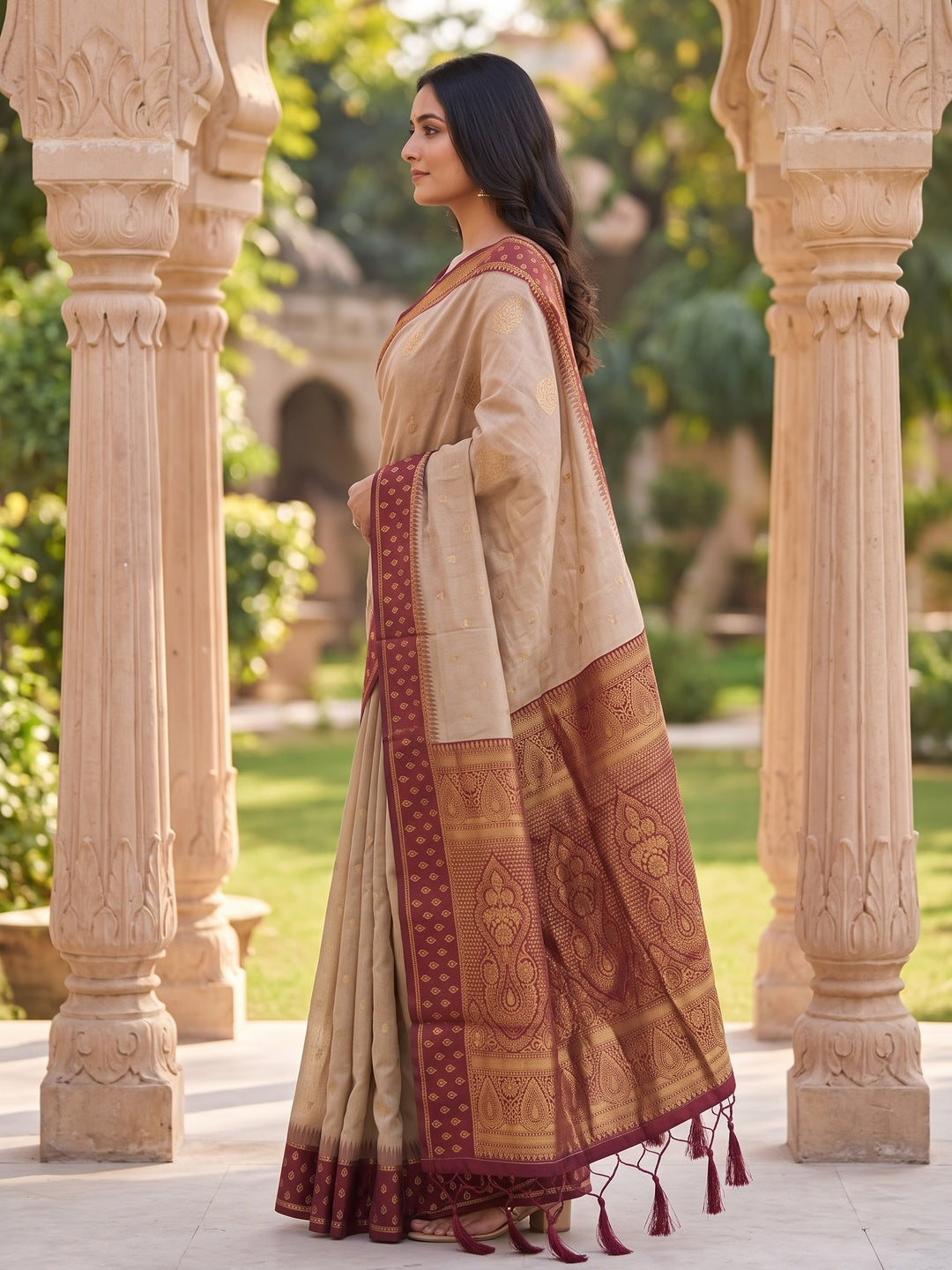 Peachmode Beige Maroon Woven Border Cotton Saree - Image 4