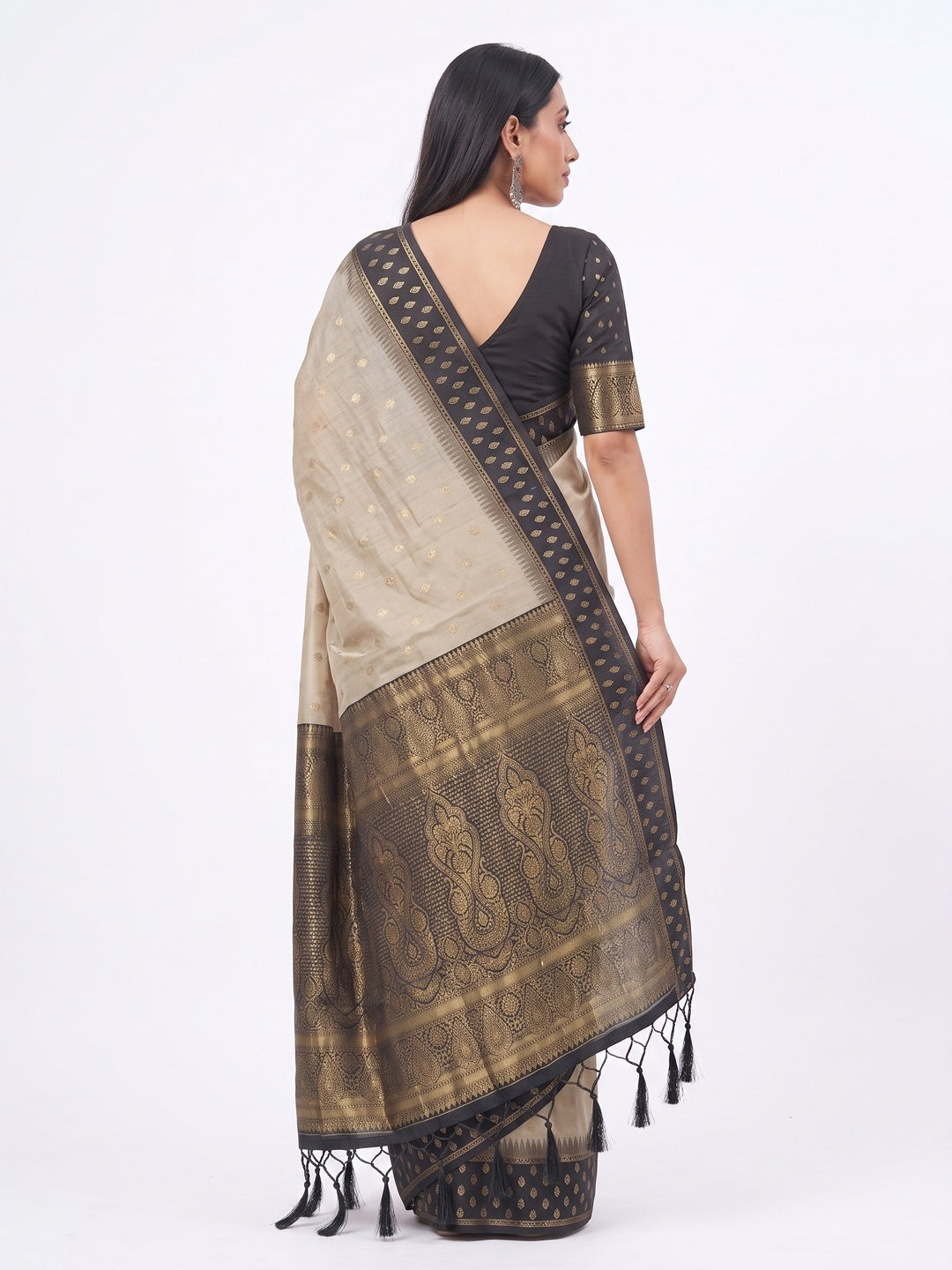 Peachmode Beige Black Woven Border Cotton Saree - Image 3