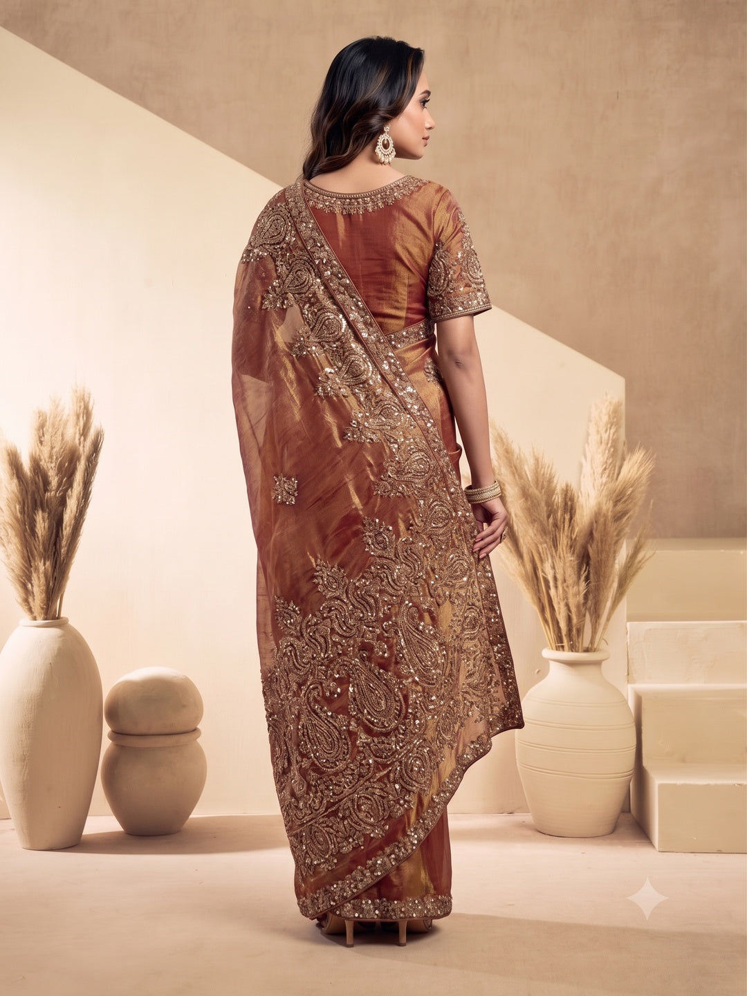Peachmode Rust Tissue Organza Silk Saree With Ready Blouse - Image 3