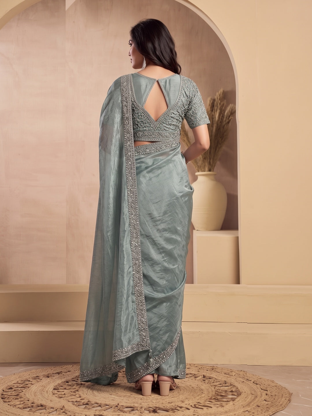 Peachmode Sage Green Tissue Organza Silk Saree With Ready Blouse - Image 3