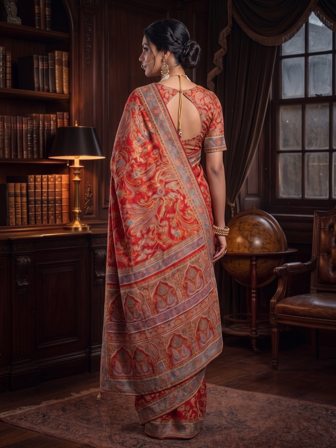 Peachmode Red Multicolor Aari Work Pure Crepe Silk Saree - Image 3