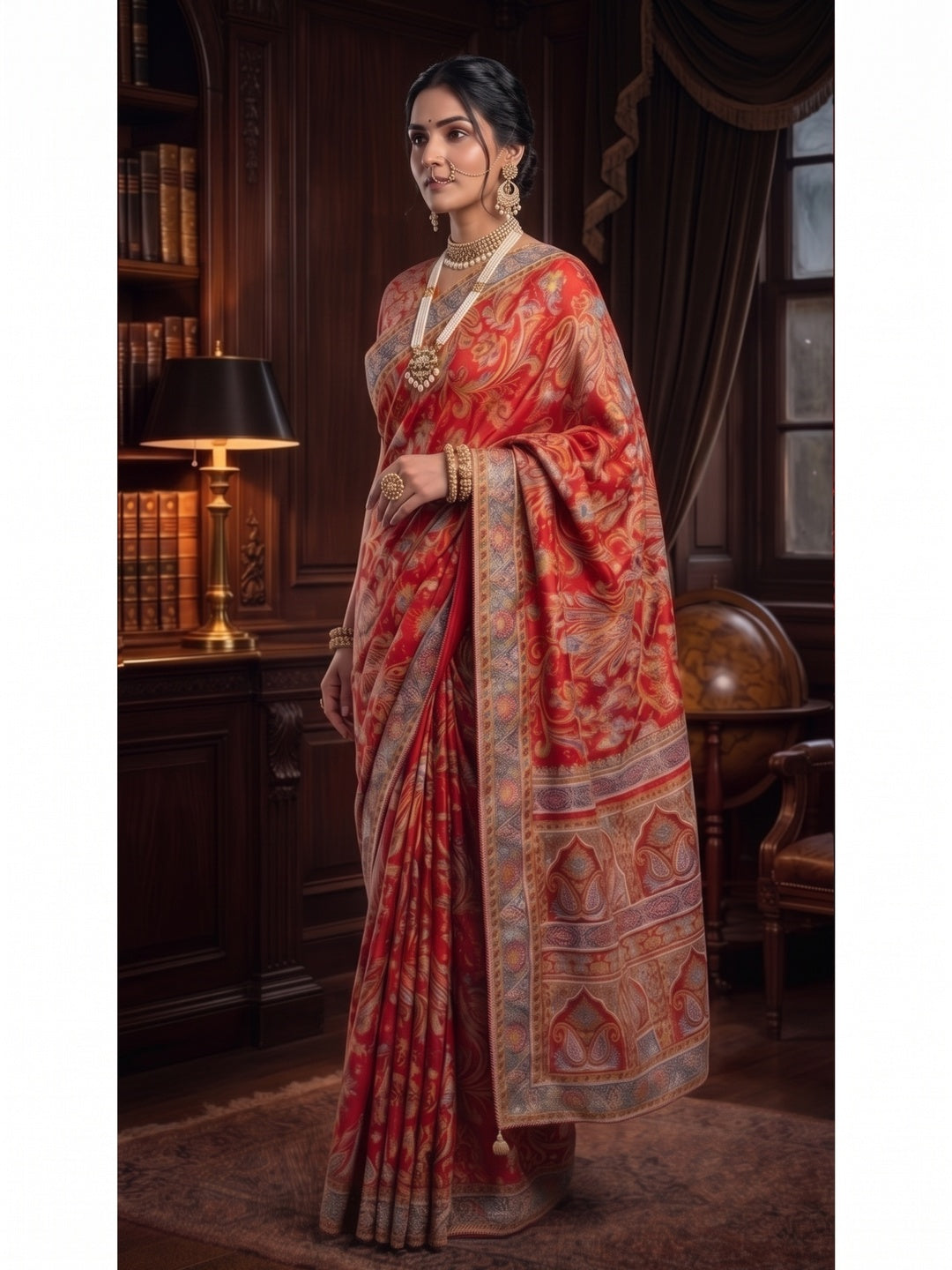 Peachmode Red Multicolor Aari Work Pure Crepe Silk Saree - Image 4