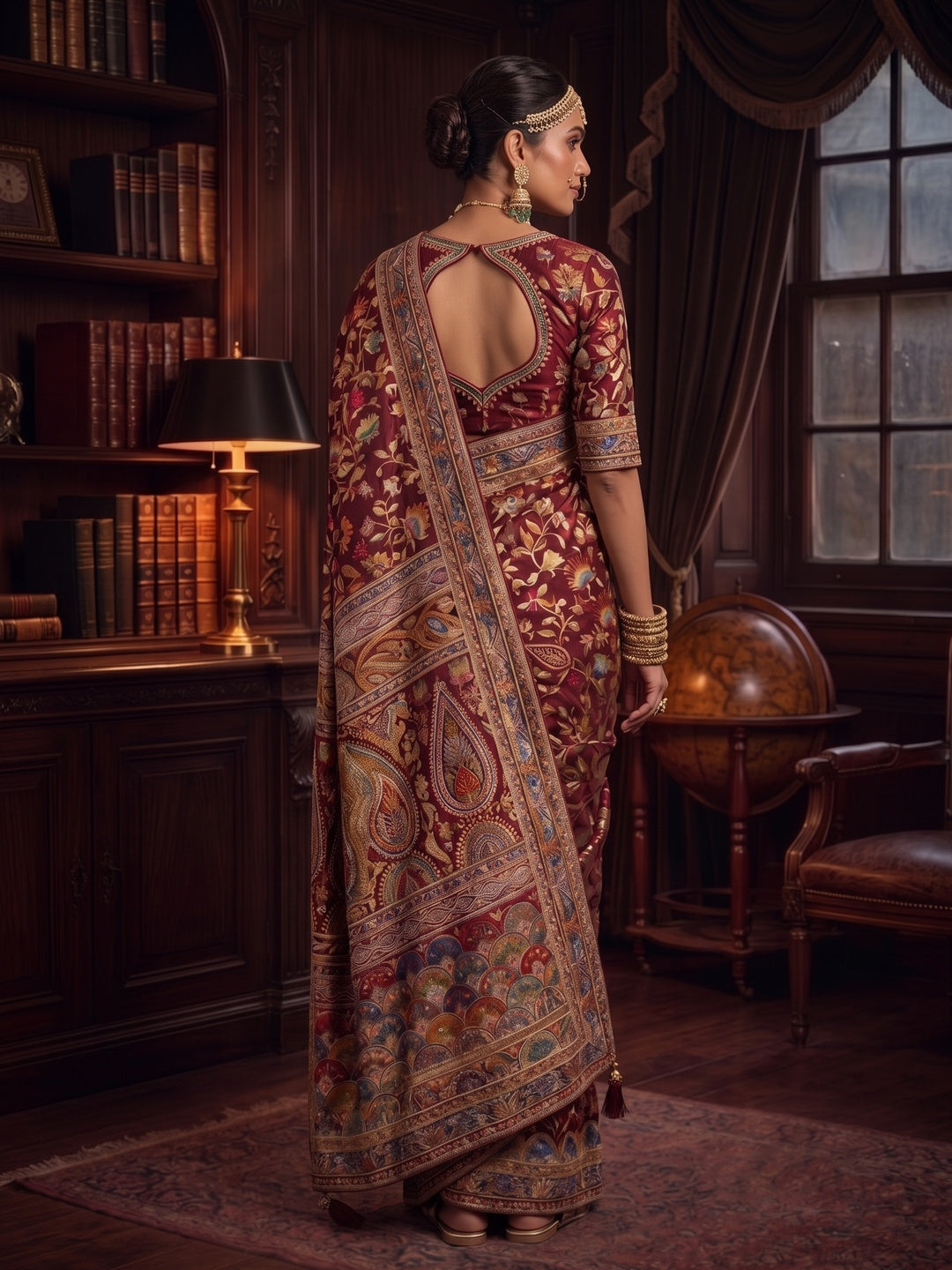 Peachmode Wine Multicolor Aari Work Pure Crepe Silk Saree - Image 3
