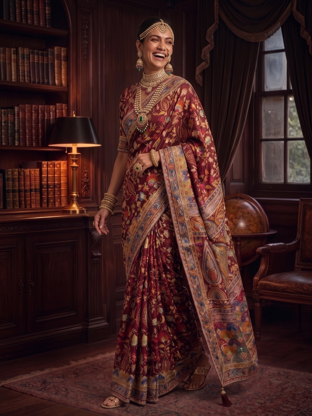 Peachmode Wine Multicolor Aari Work Pure Crepe Silk Saree - Image 5