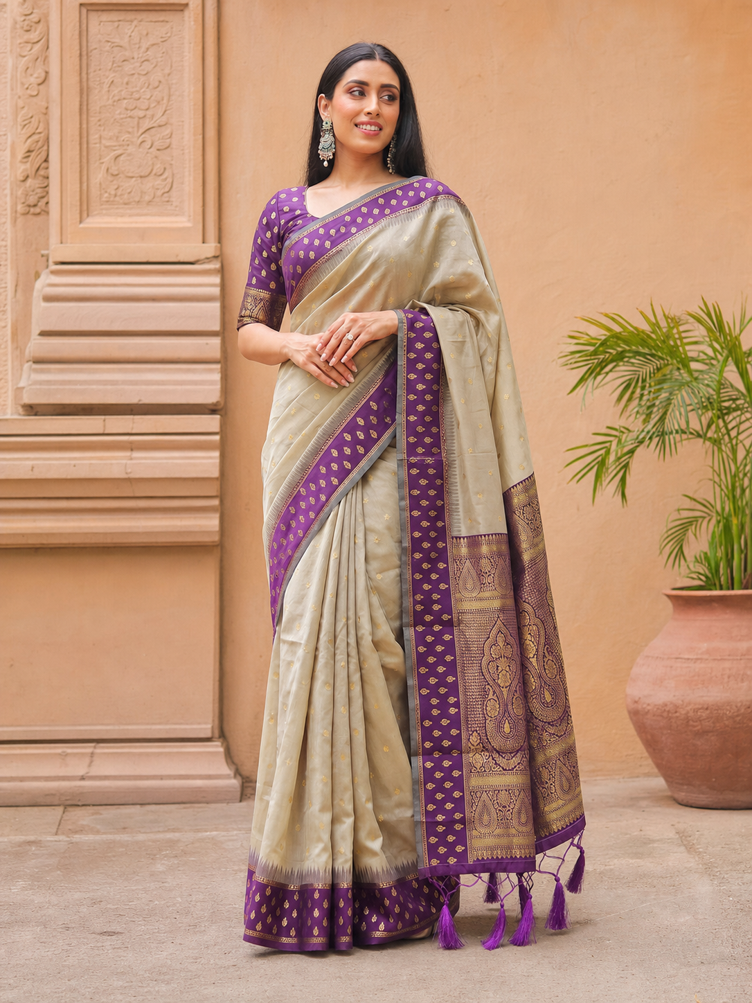Peachmode Beige Purple Woven Border Cotton Saree - Image 2