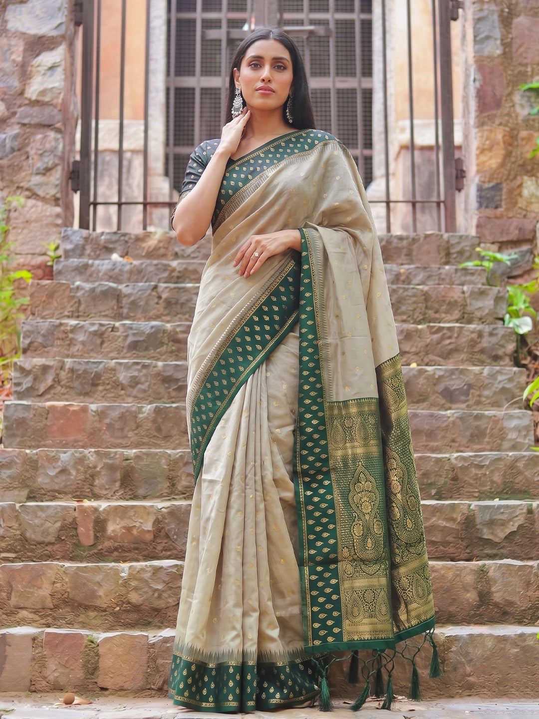 Peachmode Beige Dark Green Woven Border Cotton Saree - Image 1