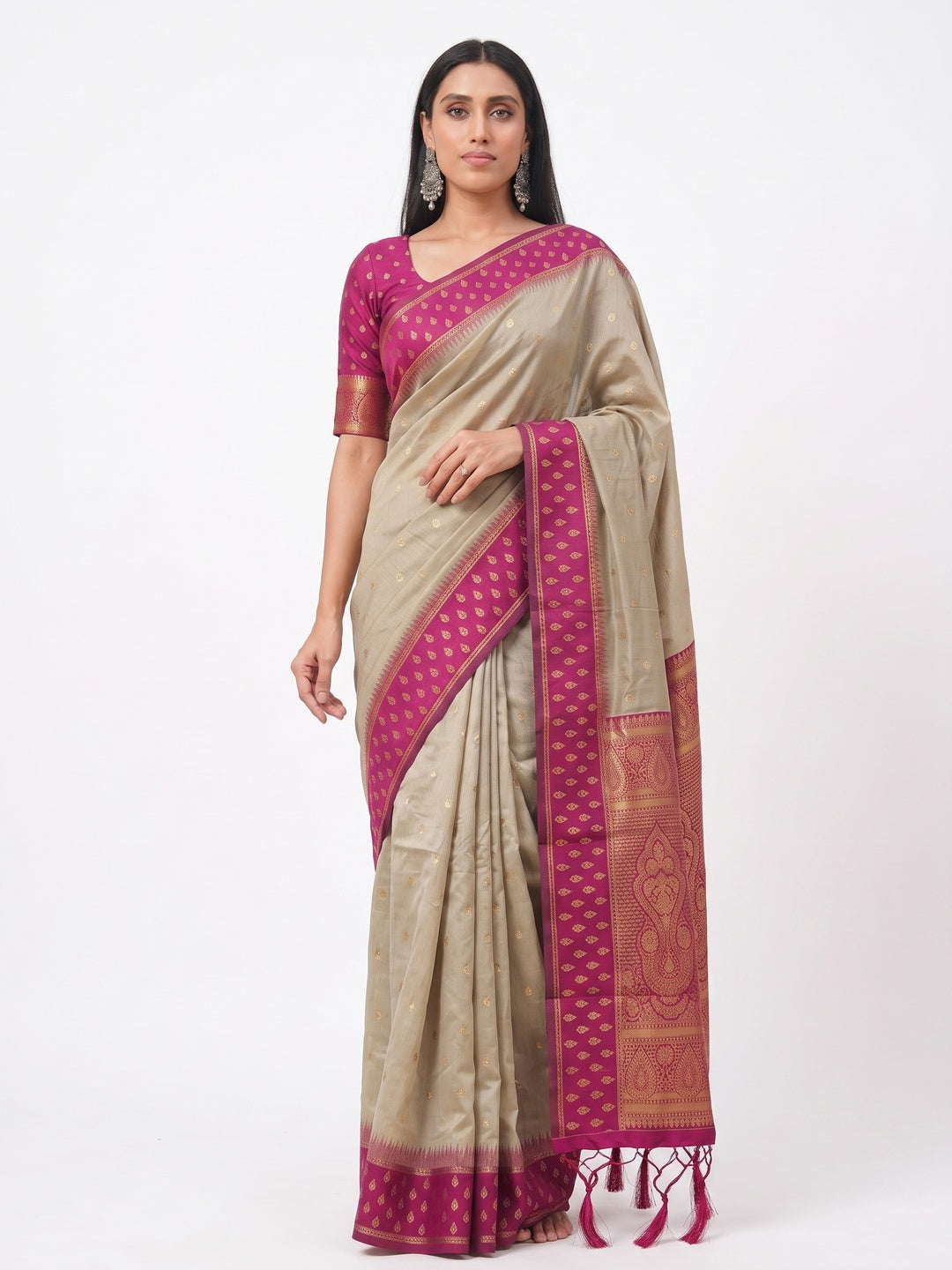 Peachmode Beige Rani Pink Woven Border Cotton Saree - Image 1