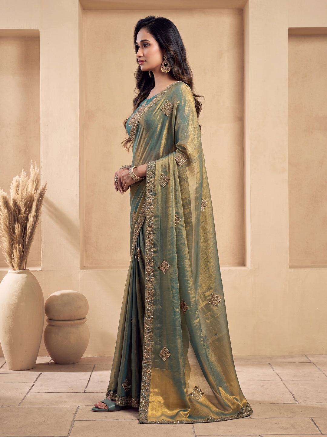 Peachmode Teal Tissue Organza Silk Saree With Ready Blouse - Image 4