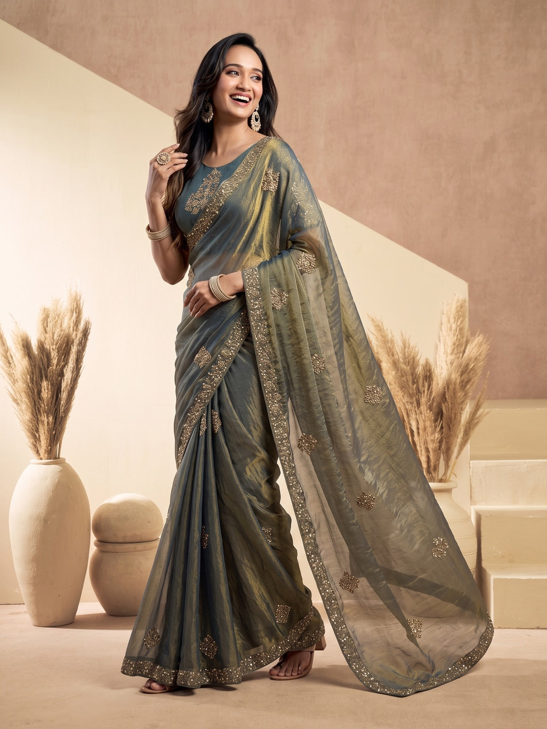 Peachmode Dark Green Tissue Organza Silk Saree With Ready Blouse - Image 5