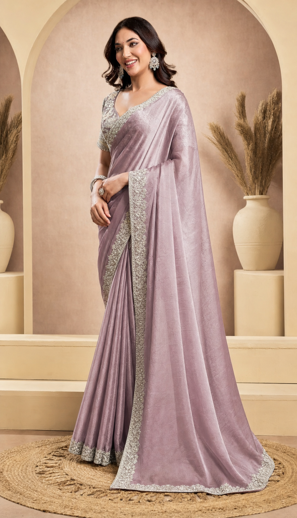 Peachmode Mauve Tissue Organza Silk Saree With Ready Blouse - Image 2