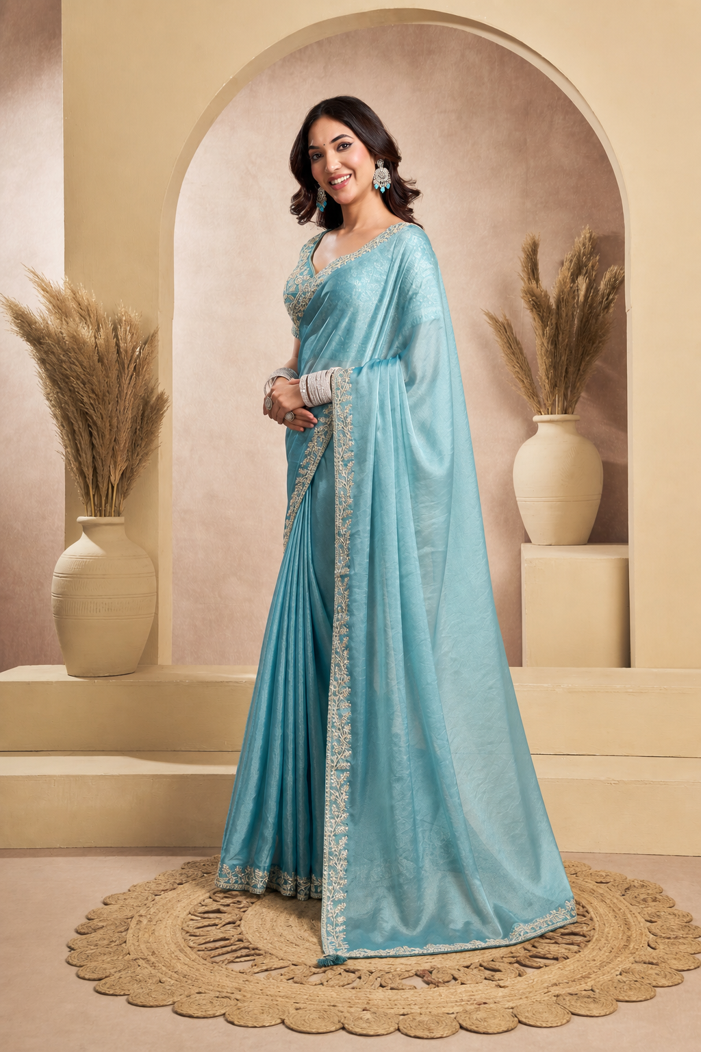 Peachmode Sky Blue Tissue Organza Silk Saree With Ready Blouse - Image 2