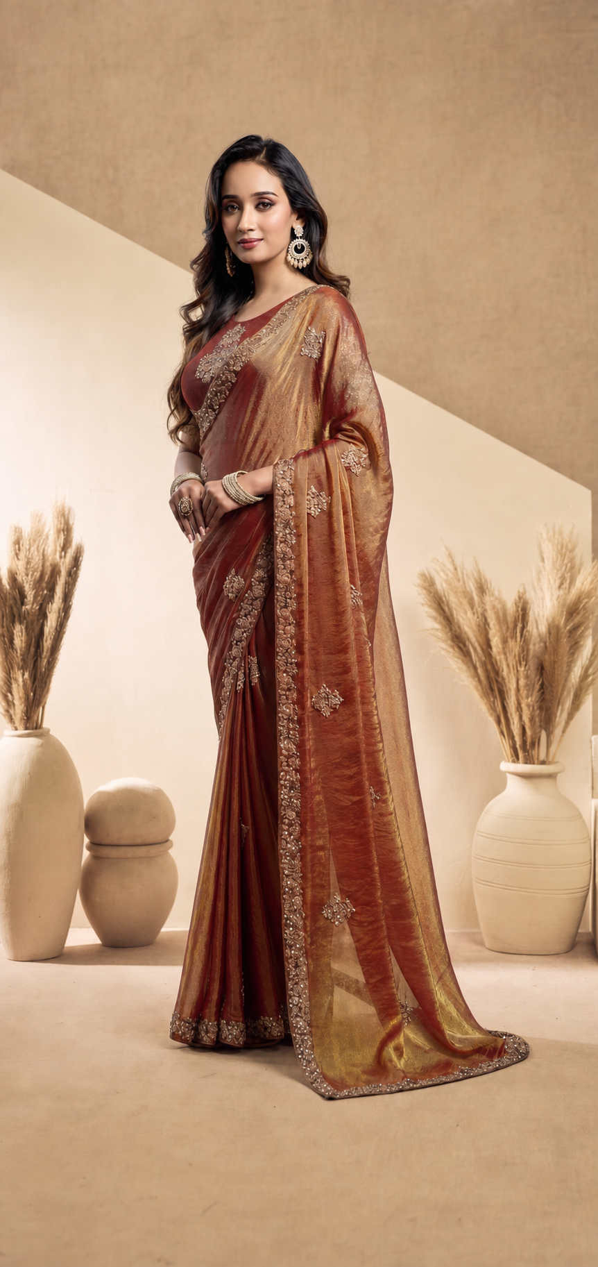 Peachmode Rust Tissue Organza Silk Saree With Ready Blouse - Image 2