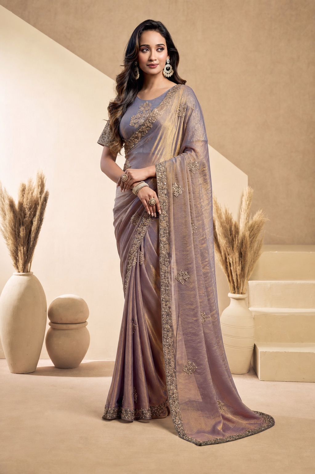 Peachmode Lavender Tissue Organza Silk Saree With Ready Blouse - Image 2