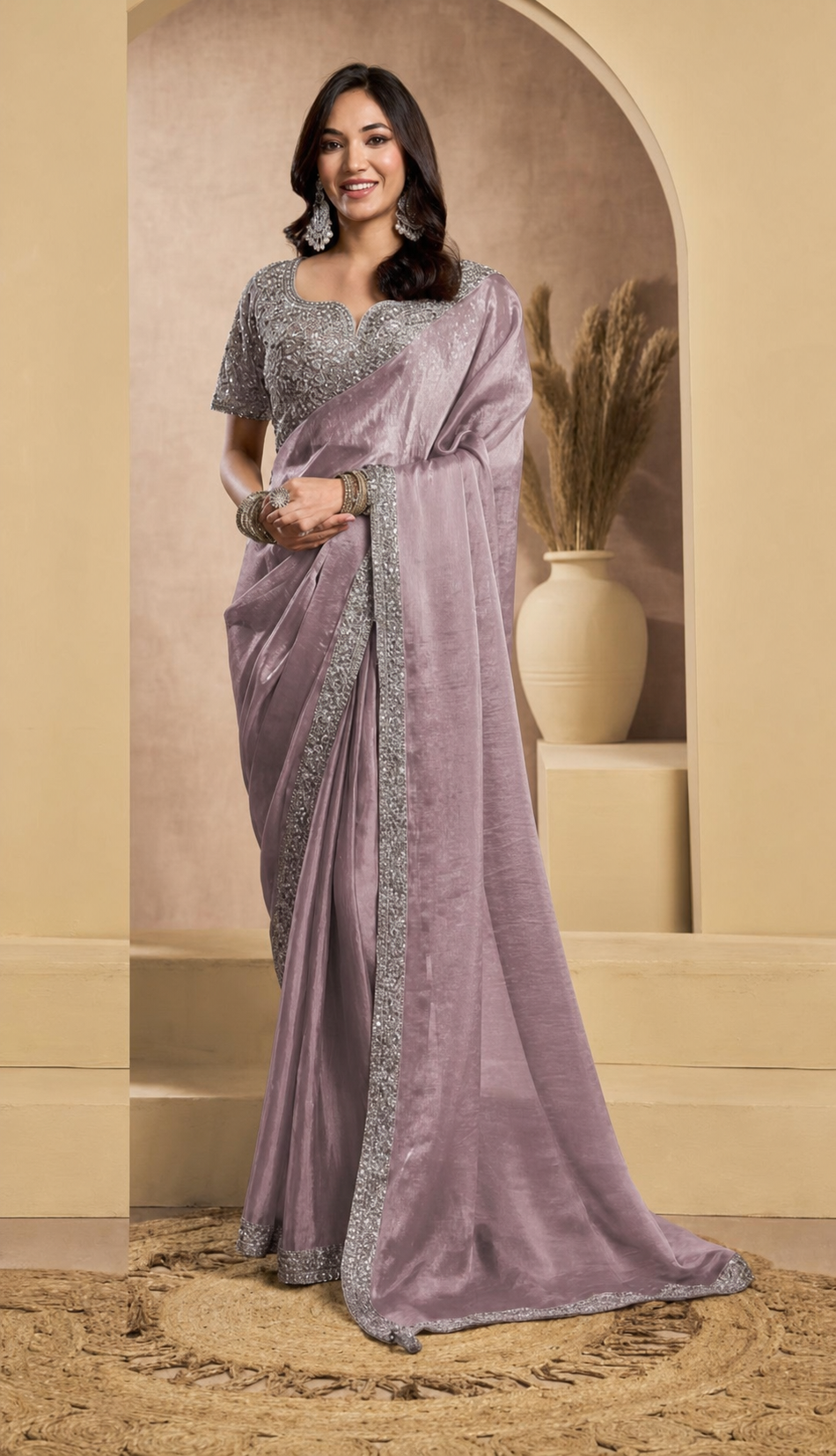 Peachmode Mauve Tissue Organza Silk Saree With Ready Blouse - Image 1