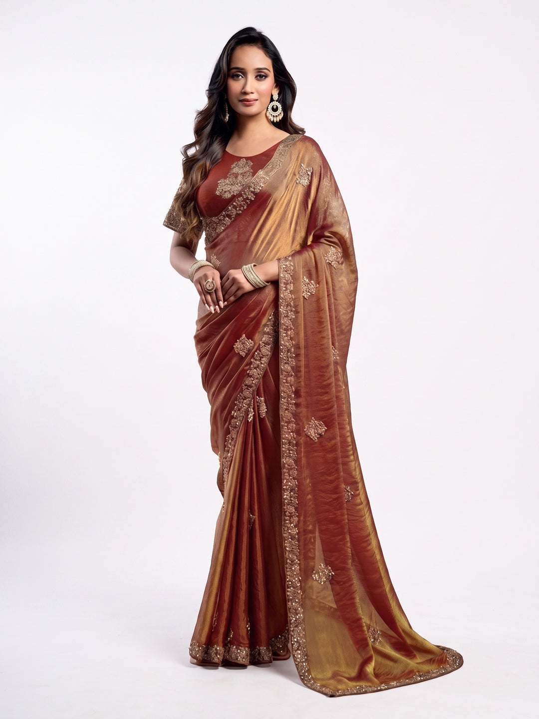 Peachmode Rust Tissue Organza Silk Saree With Ready Blouse - Image 1