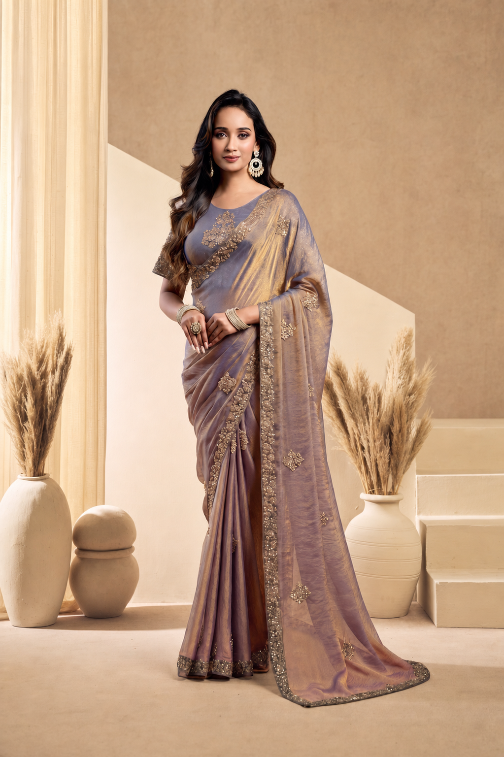 Peachmode Lavender Tissue Organza Silk Saree With Ready Blouse - Image 1