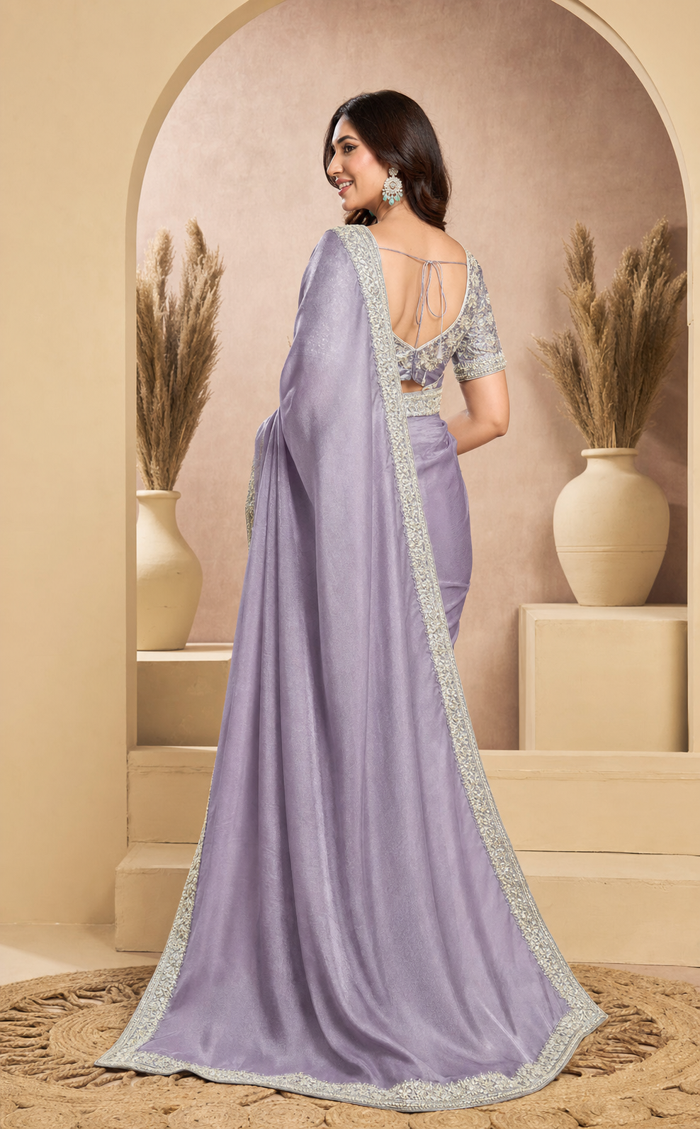 Peachmode Lavender Tissue Organza Silk Saree With Ready Blouse - Image 5