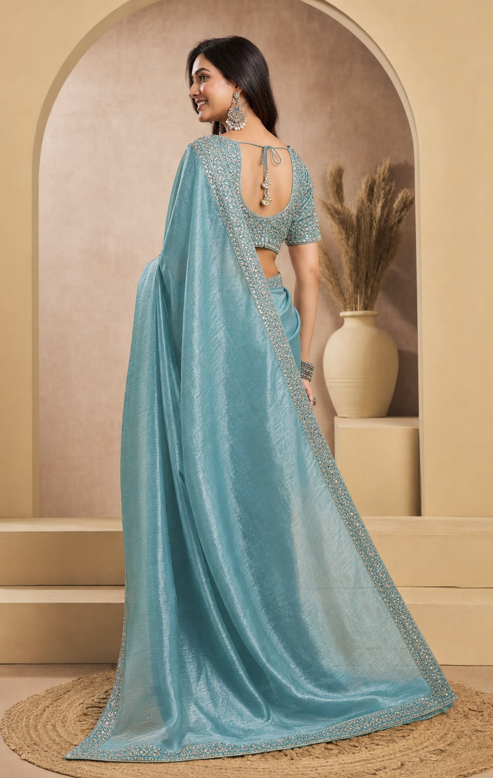 Peachmode Aqua Tissue Organza Silk Saree With Ready Blouse - Image 4