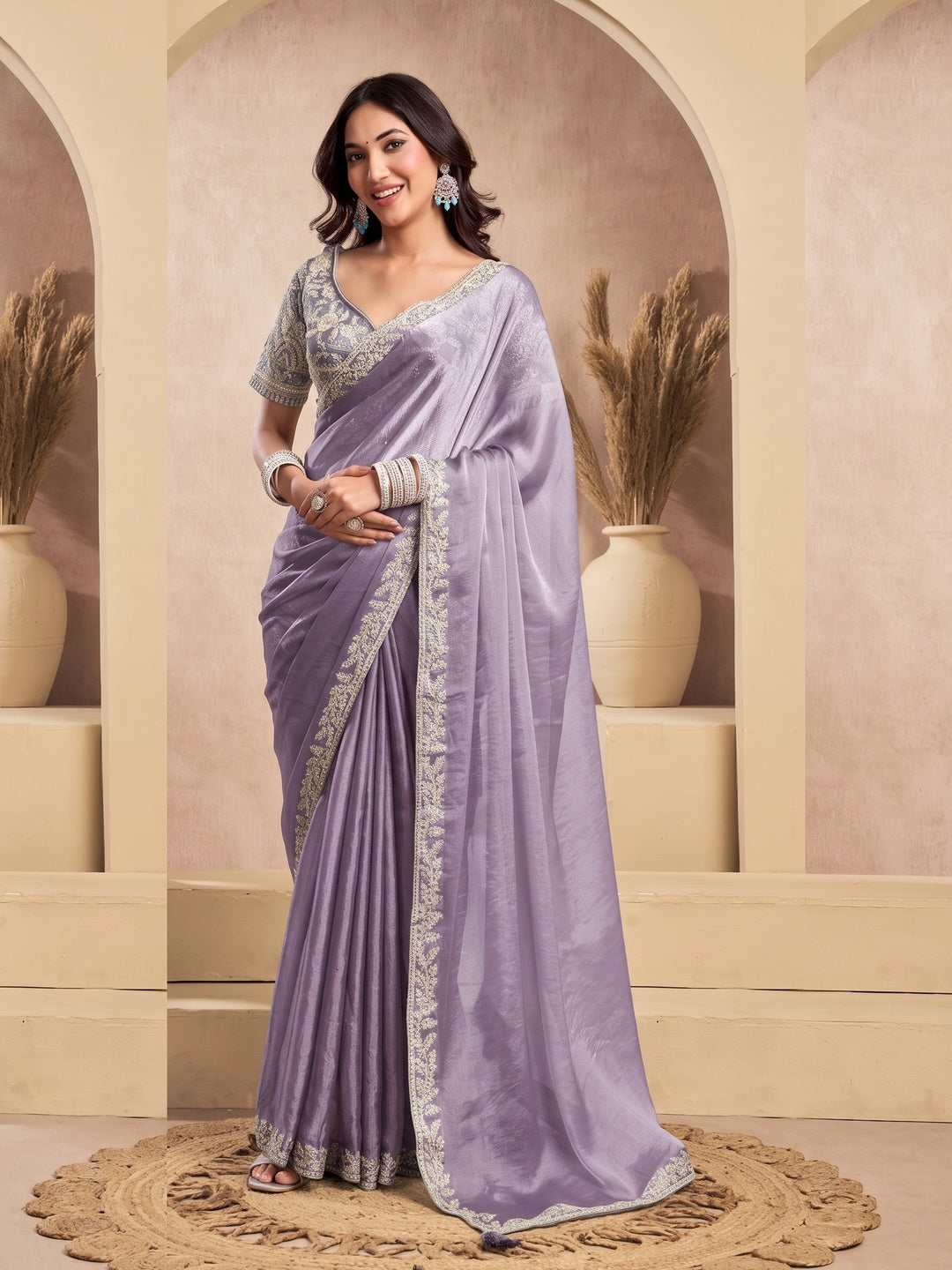 Peachmode Lavender Tissue Organza Silk Saree With Ready Blouse - Image 1