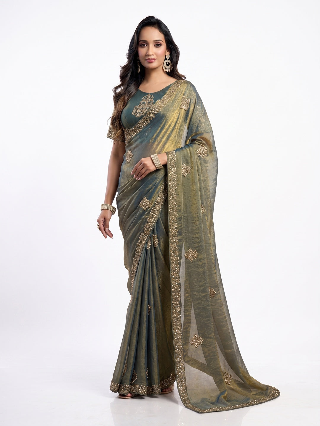 Peachmode Dark Green Tissue Organza Silk Saree With Ready Blouse - Image 1
