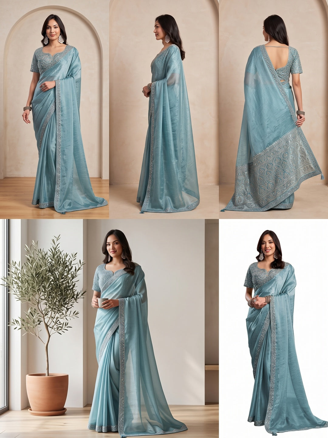 Peachmode Aqua Tissue Organza Silk Saree With Ready Blouse - Image 1