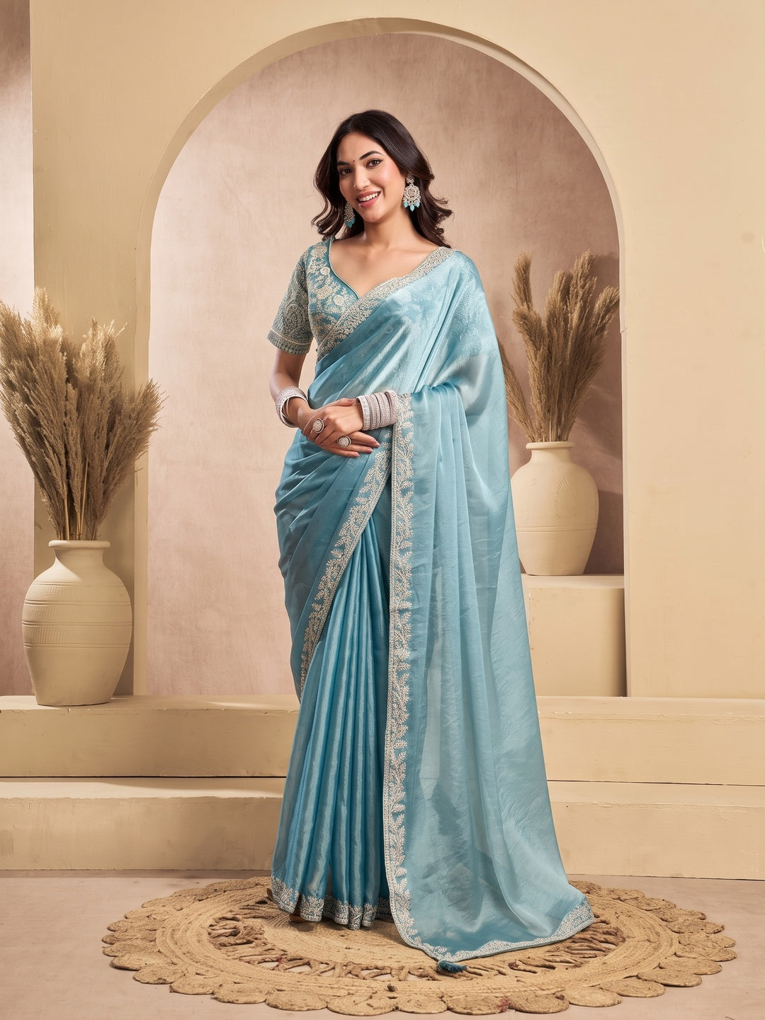Peachmode Sky Blue Tissue Organza Silk Saree With Ready Blouse - Image 1