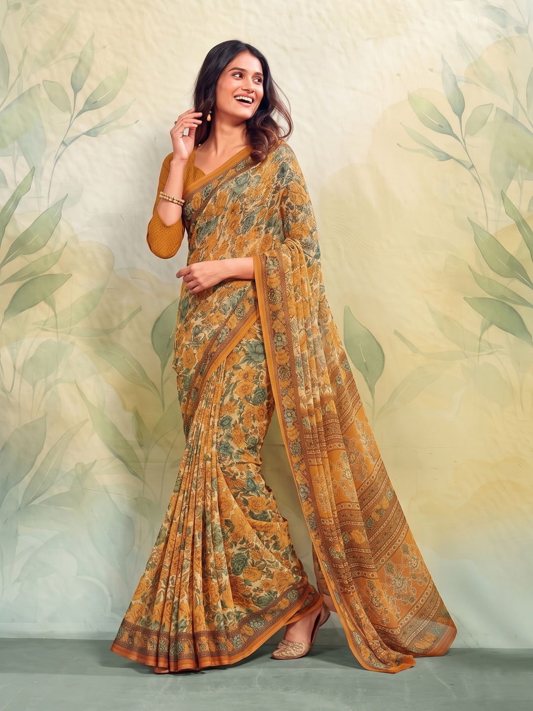 Peachmode Mustard Printed Smart Chiffon Saree - Image 3