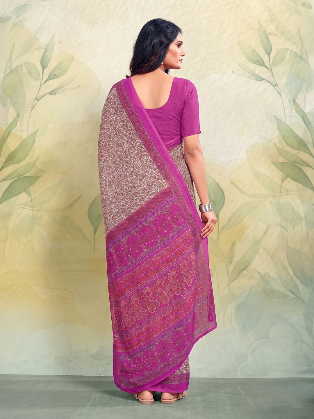 Peachmode Magenta Printed Smart Chiffon Saree - Image 3