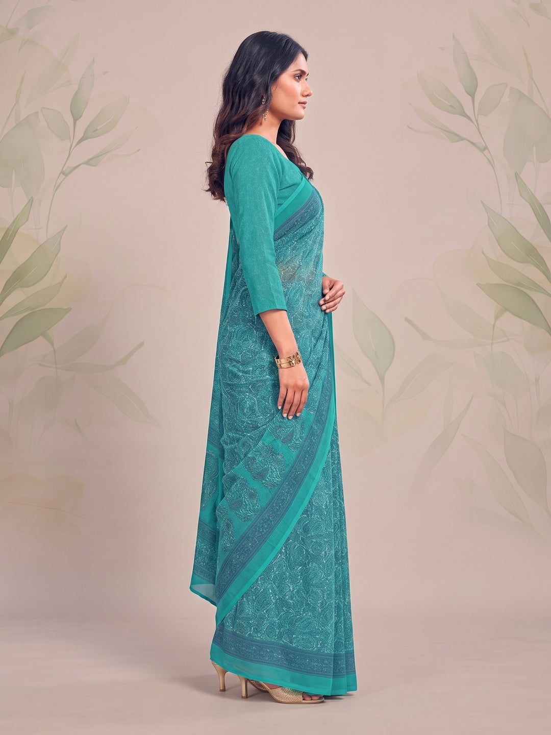 Peachmode Turquoise Printed Smart Chiffon Saree - Image 4