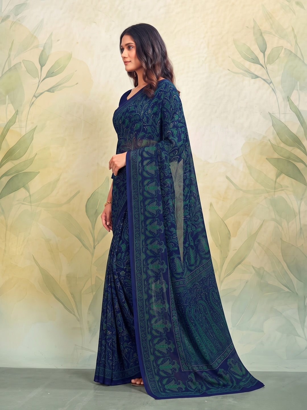 Peachmode Navy Blue Printed Smart Chiffon Saree - Image 4