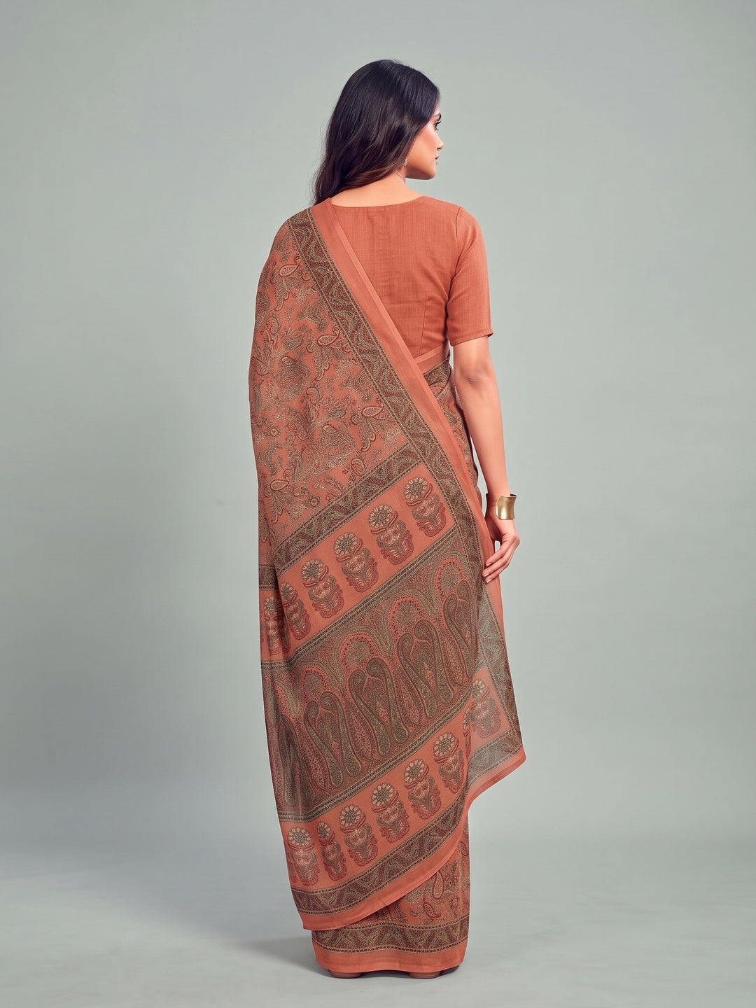 Peachmode Peach Printed Smart Chiffon Saree - Image 4