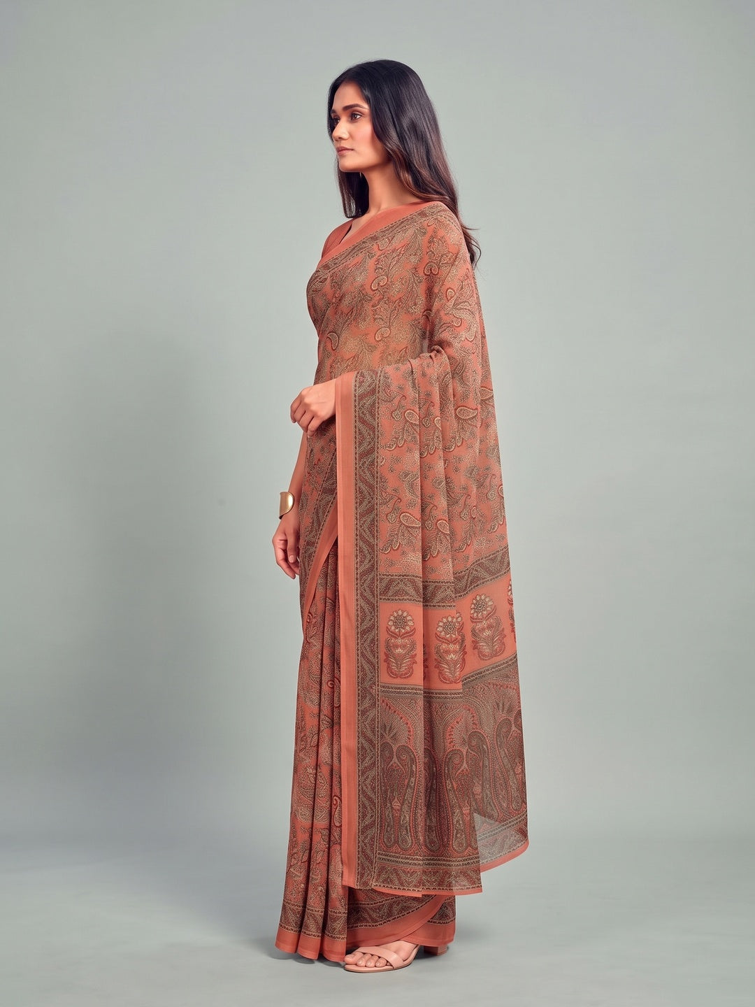 Peachmode Peach Printed Smart Chiffon Saree - Image 5