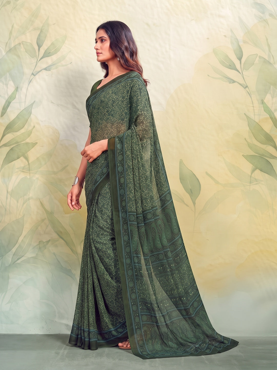 Peachmode Dark Green Printed Smart Chiffon Saree - Image 4