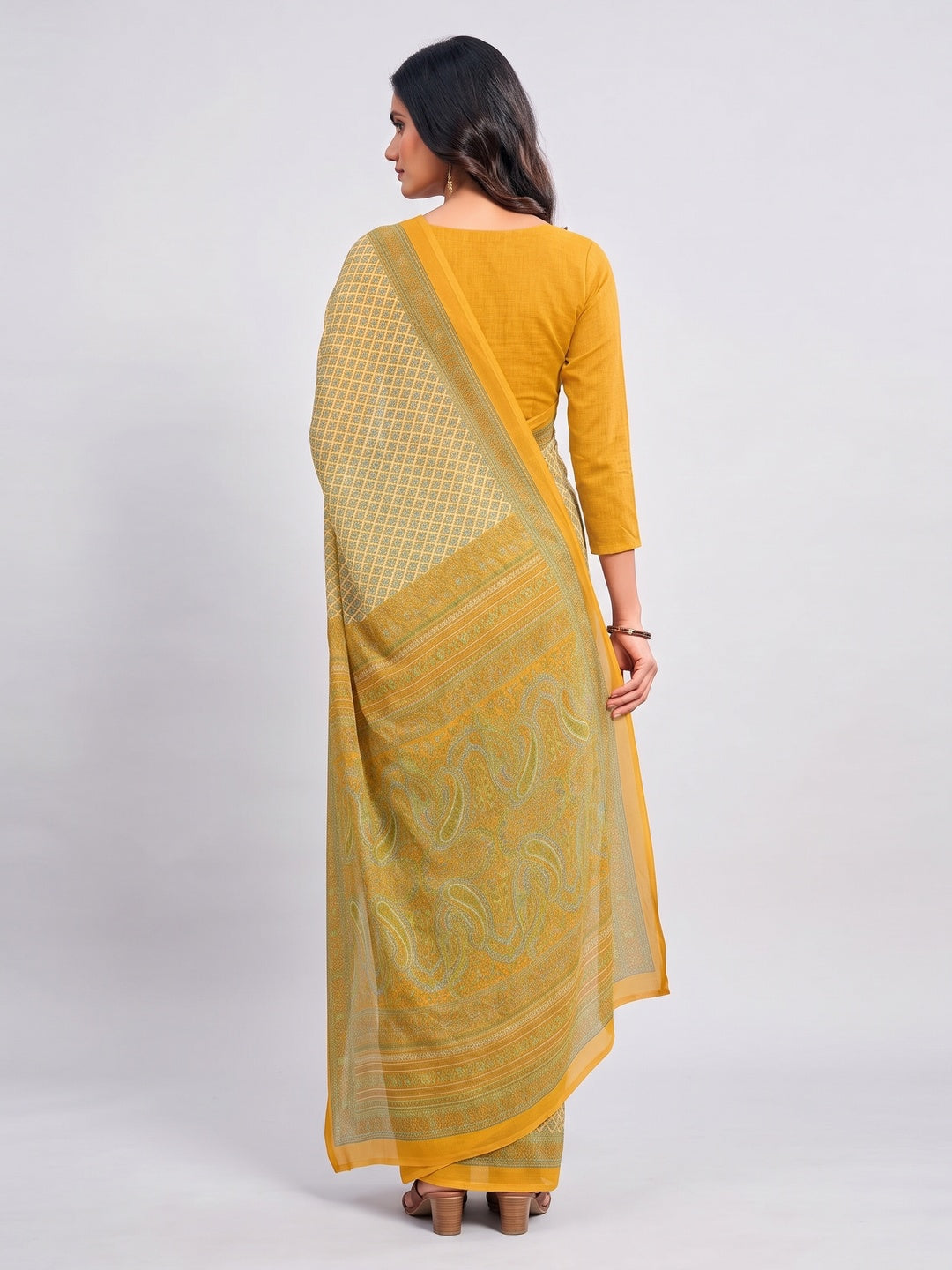 Peachmode Mustard Printed Smart Chiffon Saree - Image 4