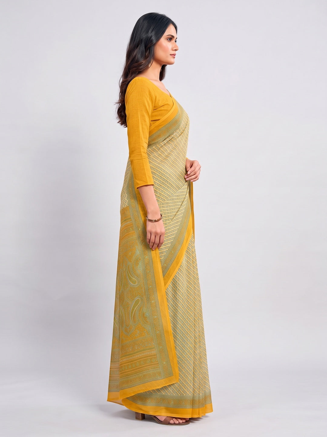 Peachmode Mustard Printed Smart Chiffon Saree - Image 5