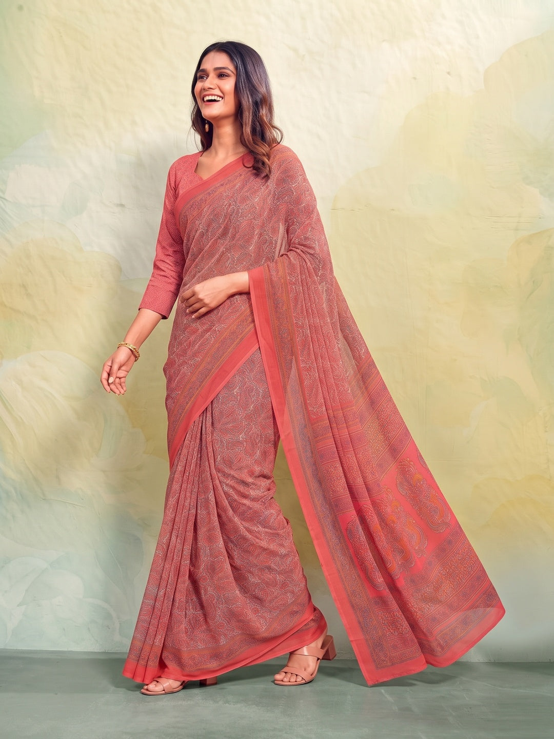 Peachmode Coral Printed Smart Chiffon Saree - Image 5