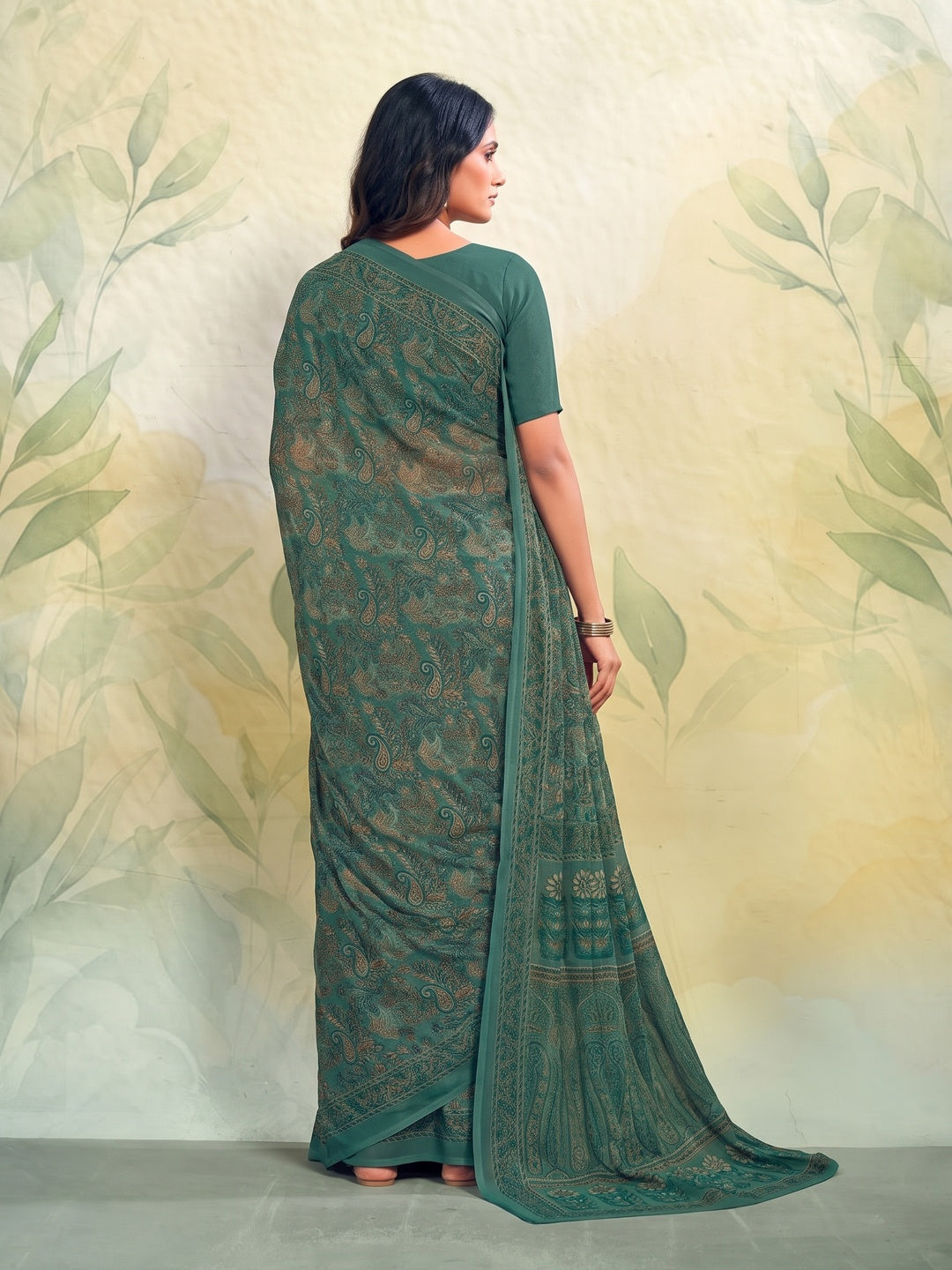Peachmode Teal Printed Smart Chiffon Saree - Image 3