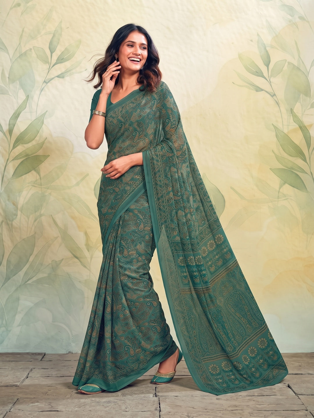Peachmode Teal Printed Smart Chiffon Saree - Image 5