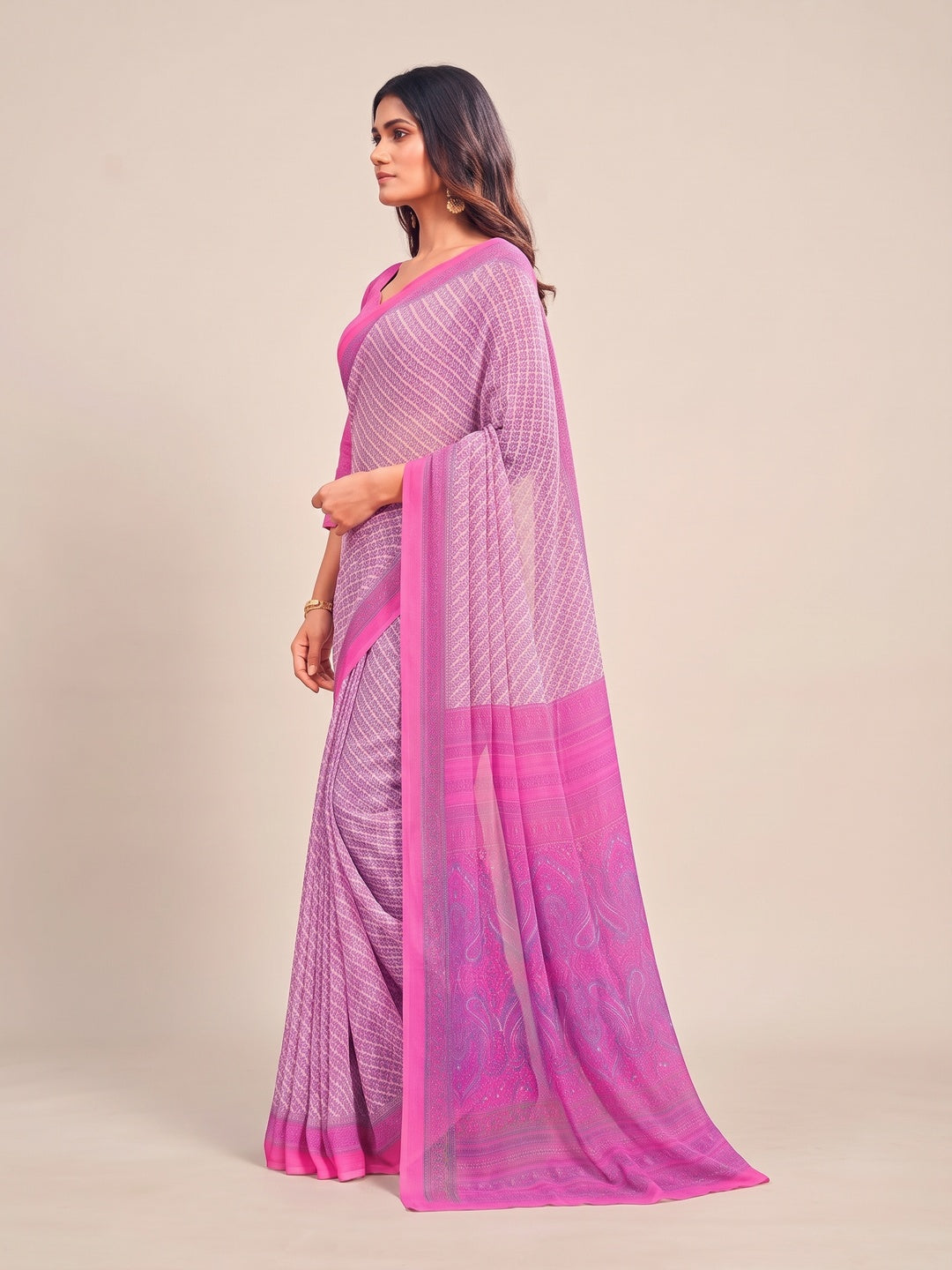 Peachmode Pink Printed Smart Chiffon Saree - Image 4