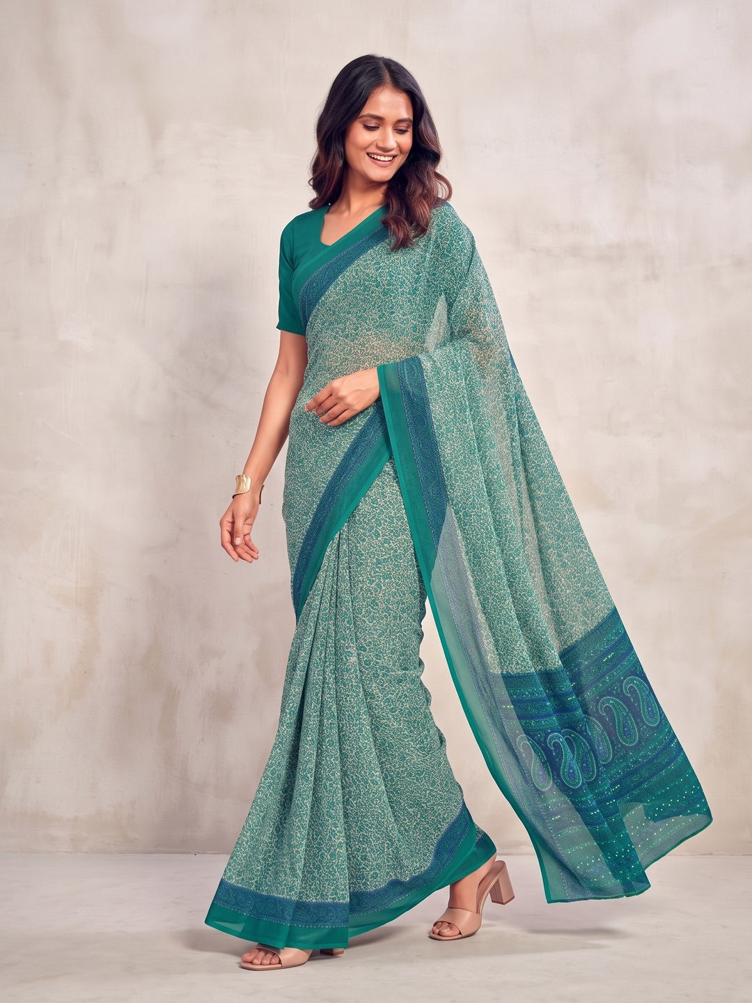 Peachmode Teal Printed Smart Chiffon Saree - Image 4