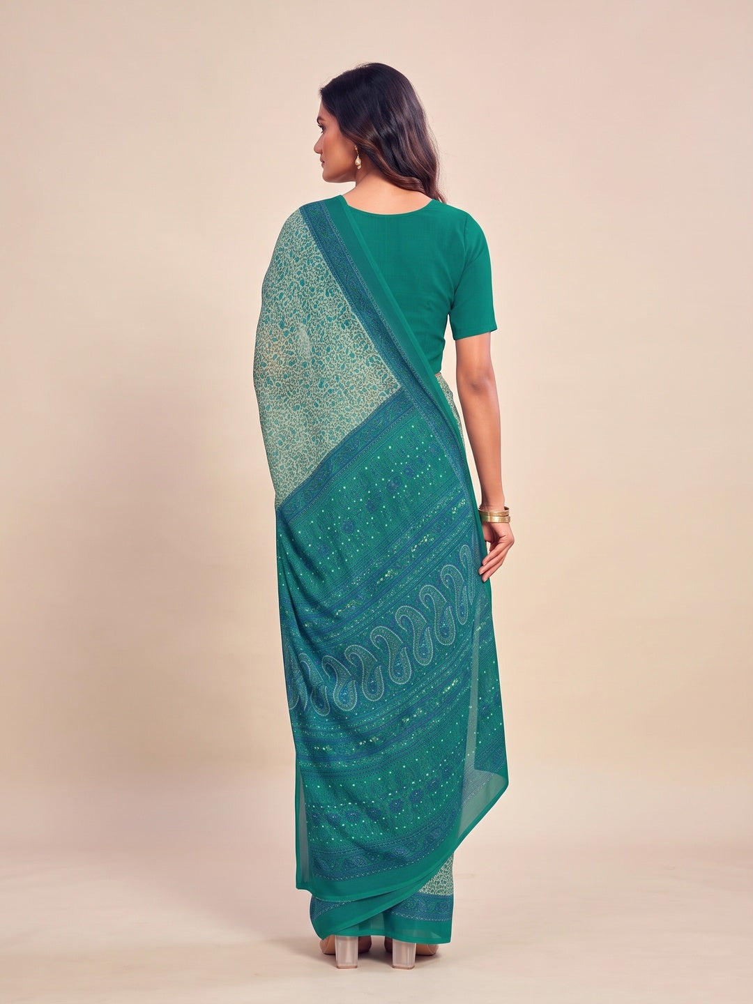 Peachmode Teal Printed Smart Chiffon Saree - Image 2