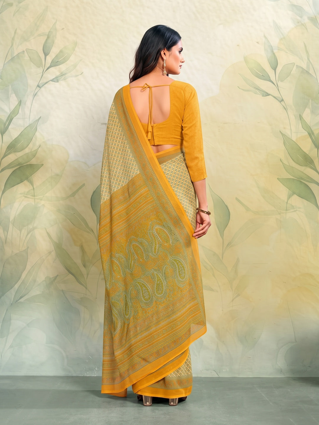 Peachmode Mustard Printed Smart Chiffon Saree - Image 2